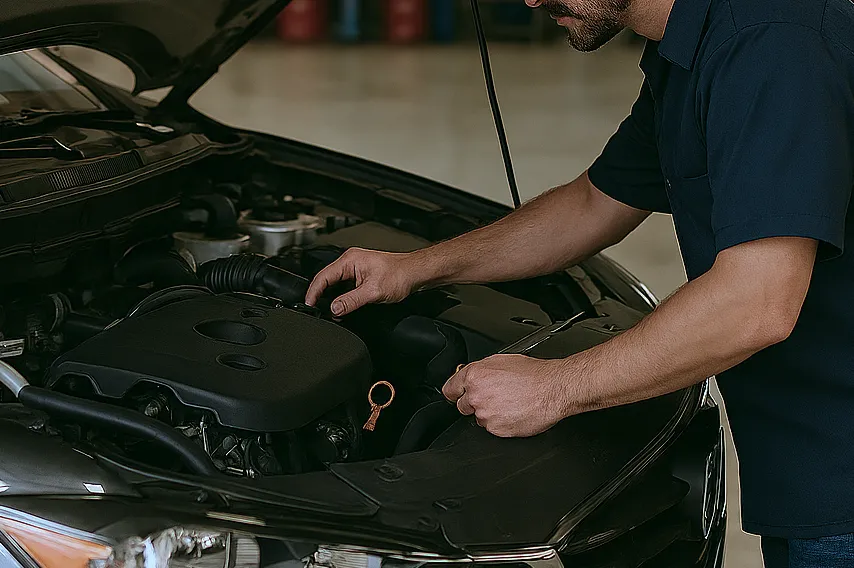 Mechanic inspecting car engine components.