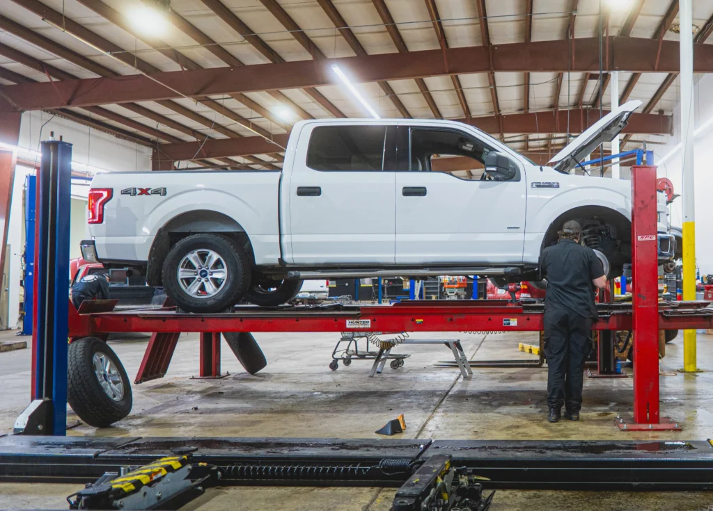 Truck being serviced in garage