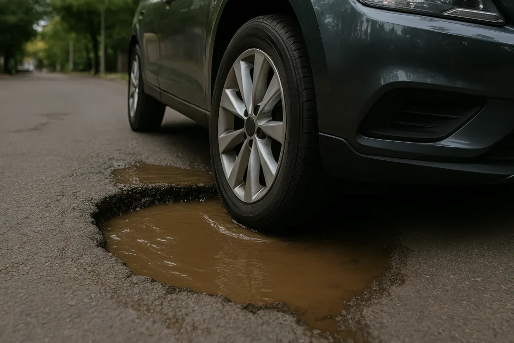 Car tire near a large pothole.