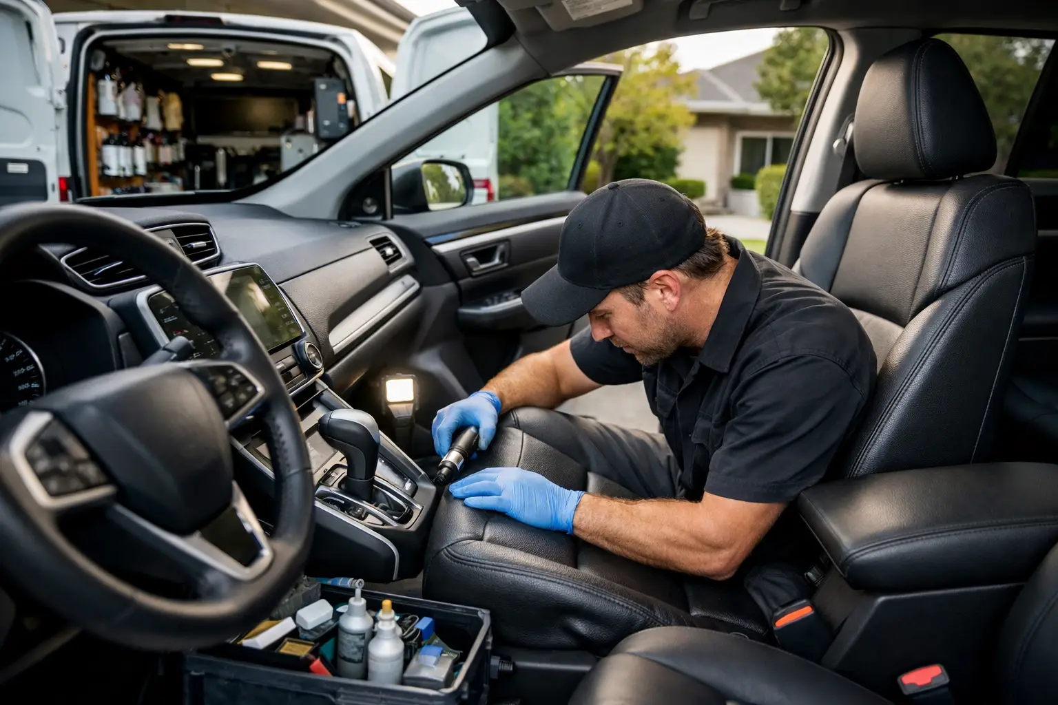 Mechanic cleaning car interior upholstery